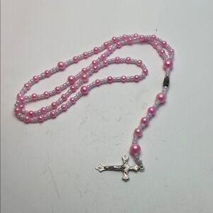 Pink and White Beaded Rosary with Faux Silver Cross